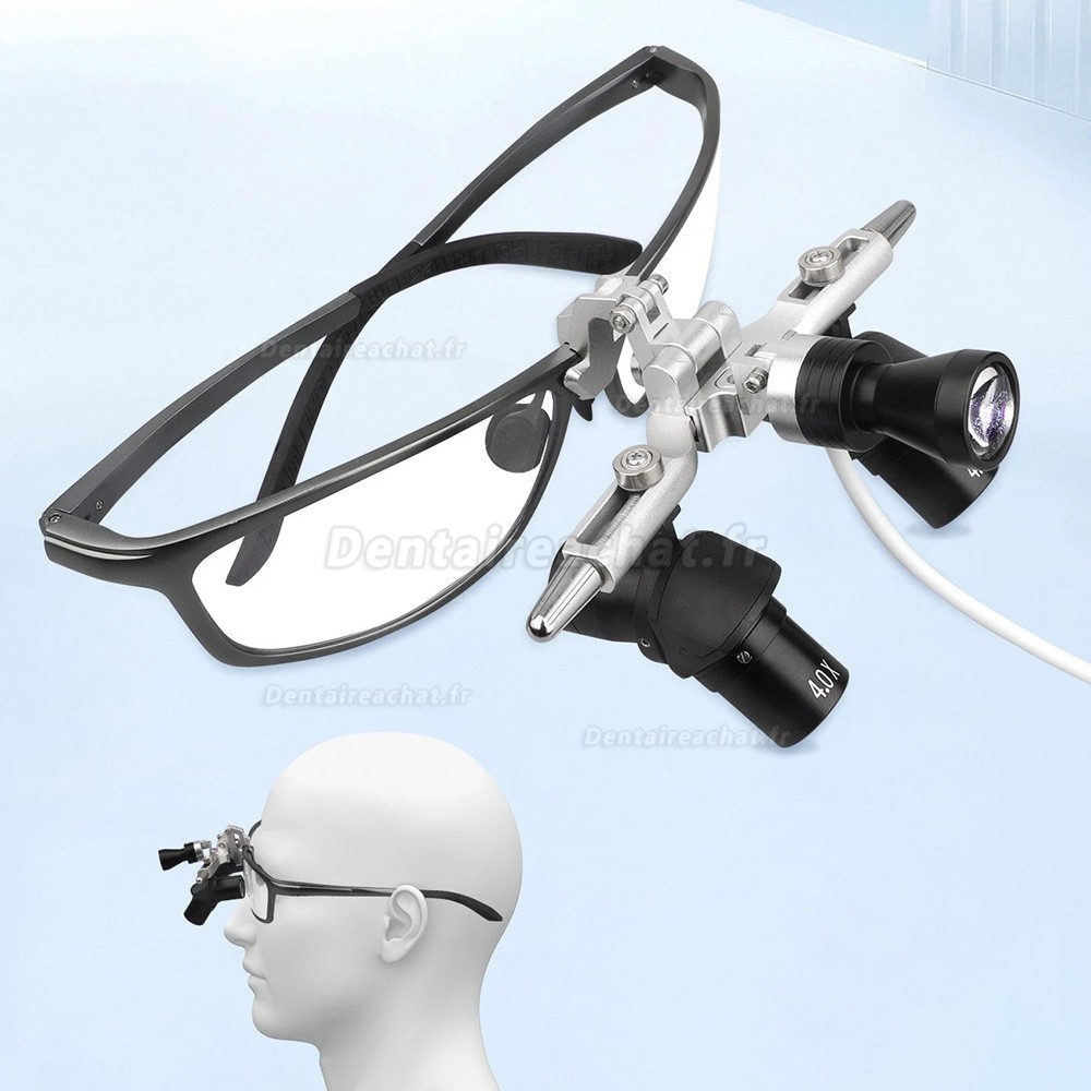 Loupe dentaire ergonomique 4,0X 48&deg; avec r&eacute;glage de l'&eacute;cart pupillaire + lampe frontale LED 5W